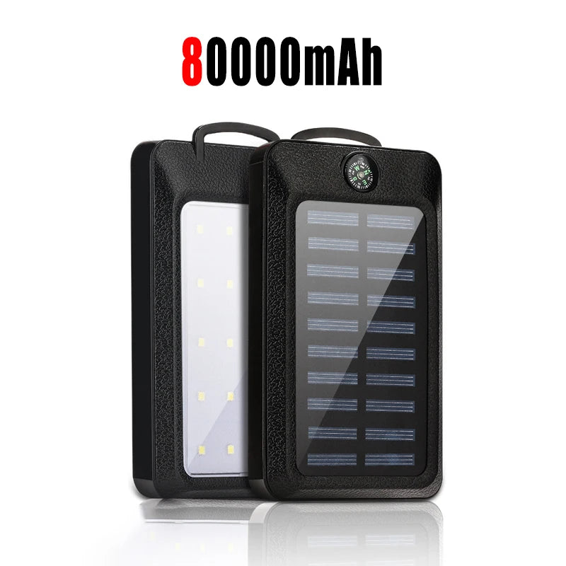 80000mAh Solar Power Bank Large Capacity Mobile Power Fast Charging With Camping Light Dual USB For iPhone Samsung Xiaomi